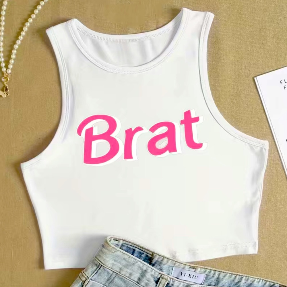 BRAT • Tank Crop Top • White & Pink • Size Large (8-10)